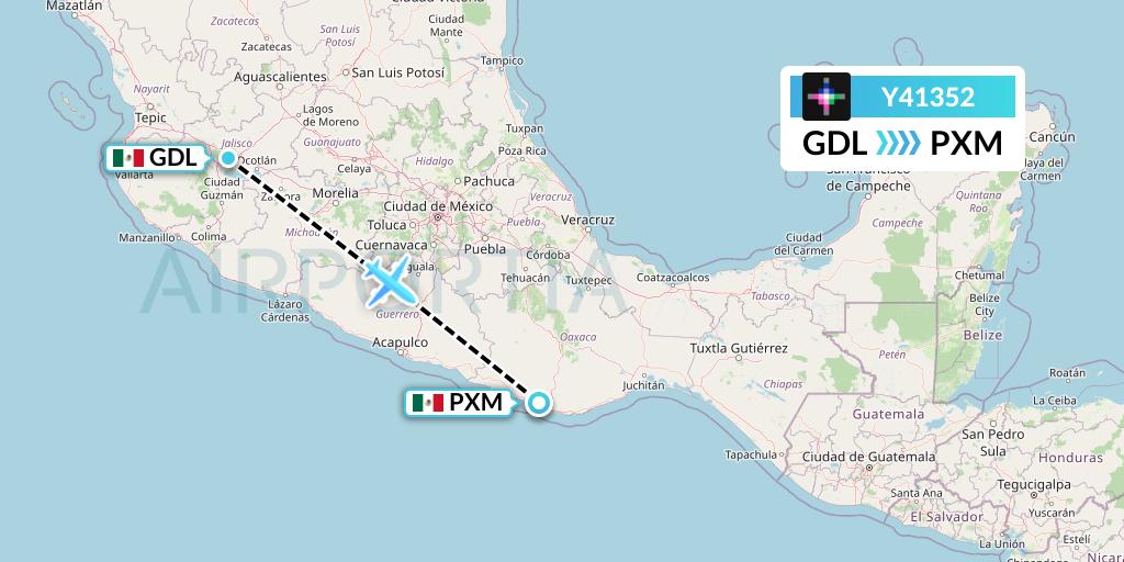 Y41352 Volaris Flight Map: Guadalajara to Puerto Escondido