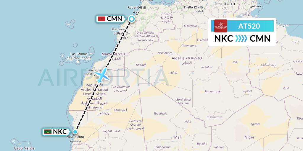 AT520 Royal Air Maroc Flight Map: Nouakchott to Casablanca