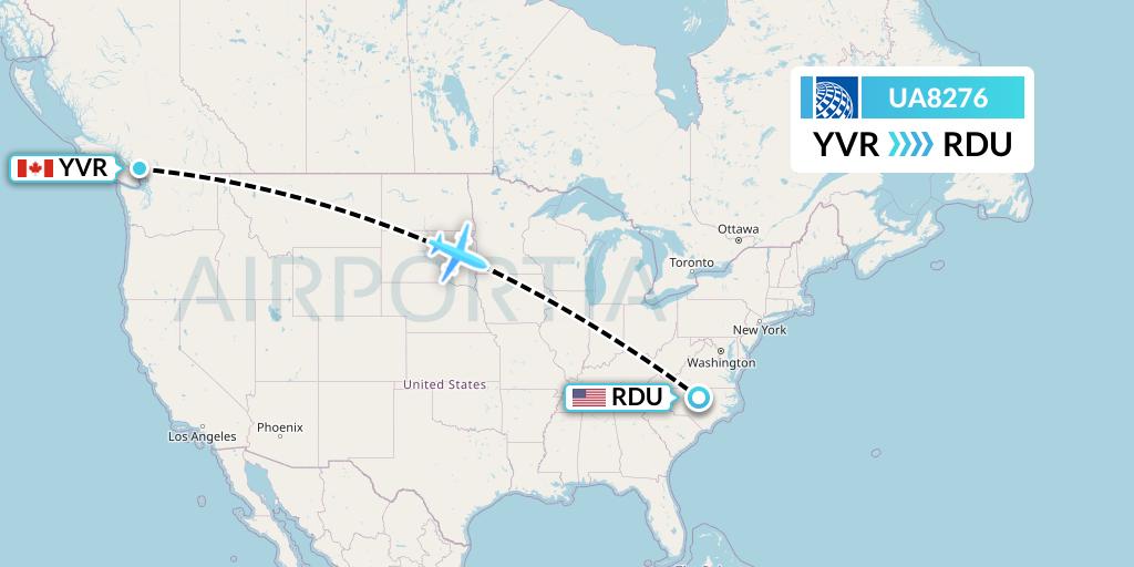 UA8276 United Airlines Flight Map: Vancouver to Raleigh-Durham