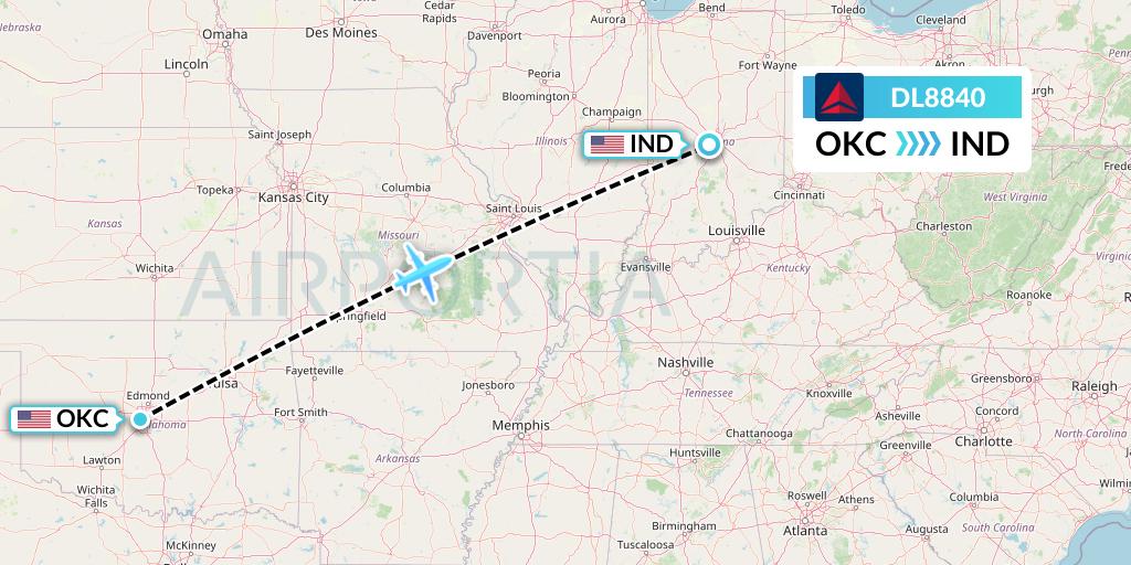 DL8840 Delta Air Lines Flight Map: Oklahoma City to Indianapolis