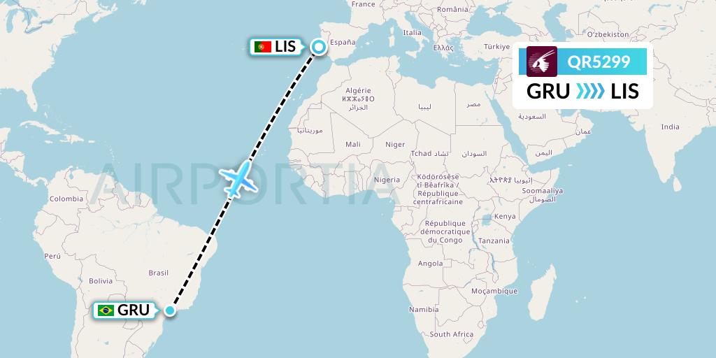 QR5299 Qatar Airways Flight Map: Sao Paulo to Lisbon