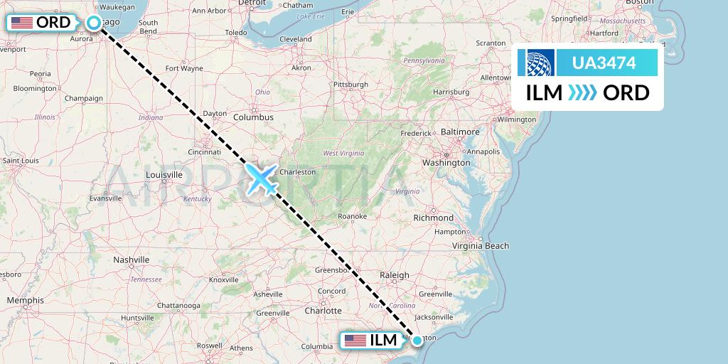 UA3474 United Airlines Flight Map: Wilmington to Chicago