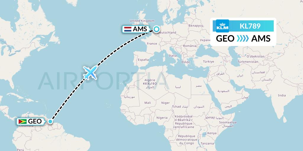 KL789 KLM Flight Map: Georgetown to Amsterdam