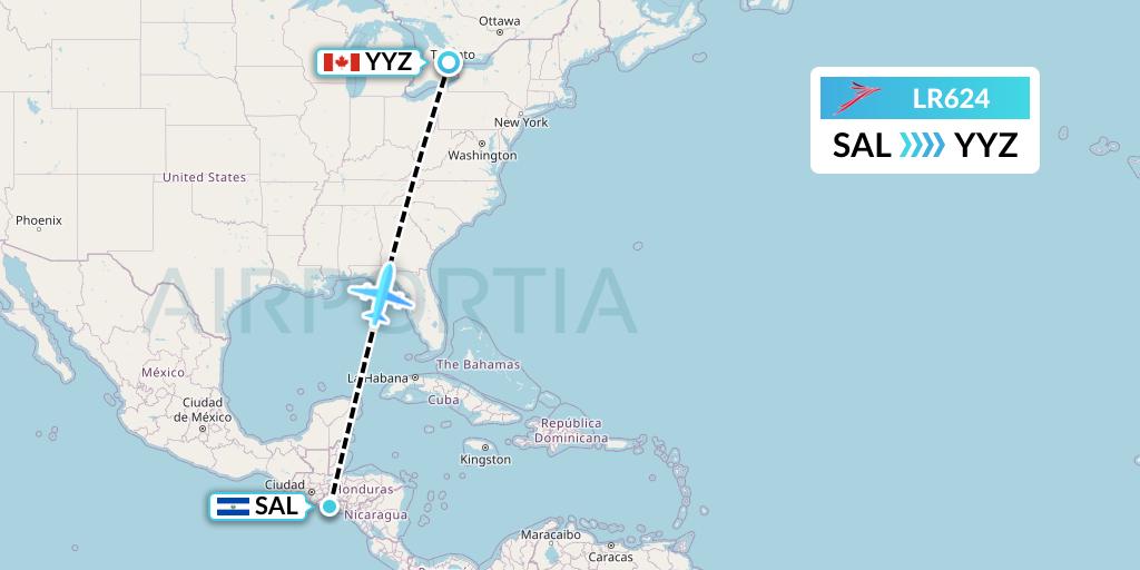 LR624 Lacsa Flight Map: San Salvador to Toronto