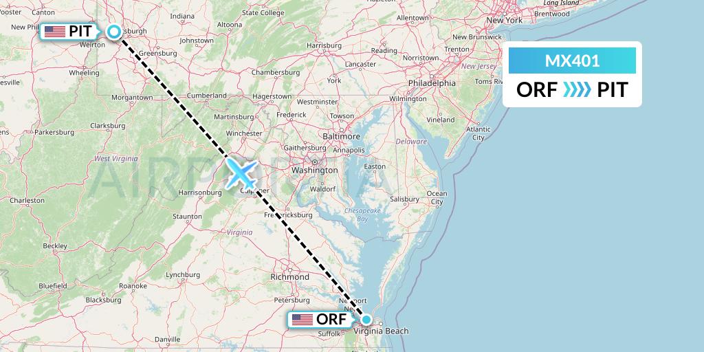 MX401 Breeze Airways Flight Map: Norfolk to Pittsburgh