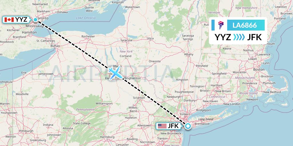 LA6866 LAN Airlines Flight Map: Toronto to New York
