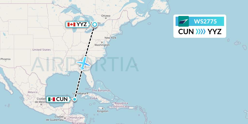WS2775 WestJet Flight Map: Cancun to Toronto