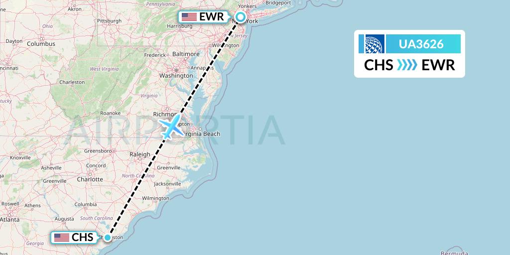 UA3626 United Airlines Flight Map: Charleston to New York