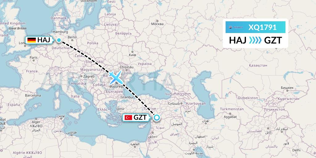 XQ1791 SunExpress Flight Map: Hannover to Gaziantep