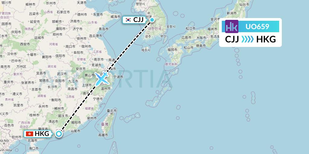 UO659 Hong Kong Express Flight Map: Cheongju to Hong Kong