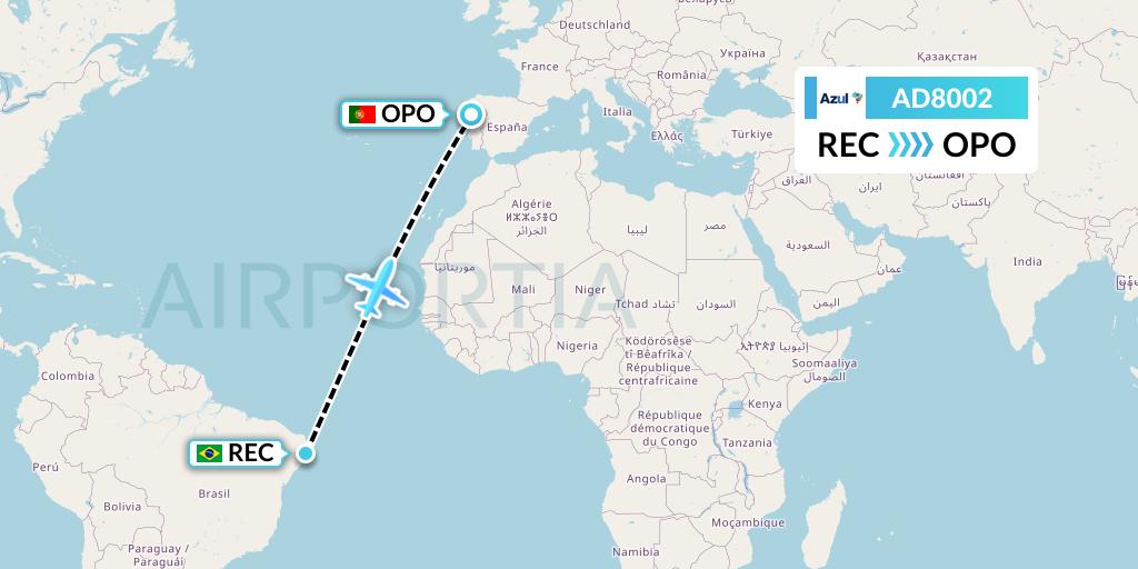 AD8002 Azul Brazilian Airlines Flight Map: Recife to Porto
