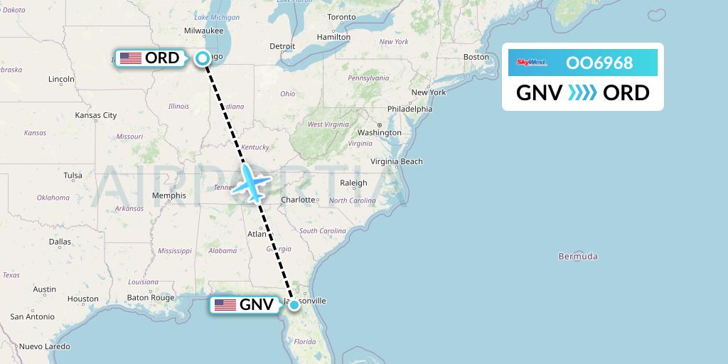 OO6968 SkyWest Airlines Flight Map: Gainesville to Chicago
