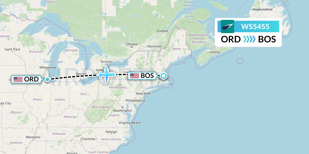 WS5455 WestJet Flight Map: Chicago to Boston