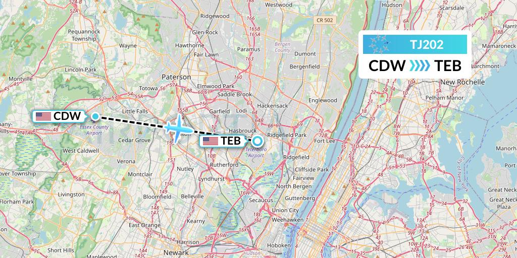 TJ202 Tradewind Aviation Flight Map: Caldwell to Teterboro