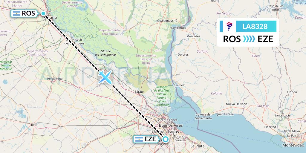 LA8328 LAN Airlines Flight Map: Rosario to Buenos Aires