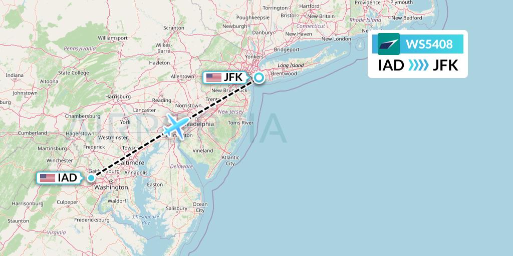 WS5408 WestJet Flight Map: Washington to New York