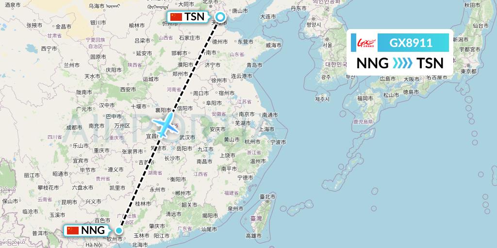 GX8911 GX Airlines Flight Map: Nanning to Tianjin