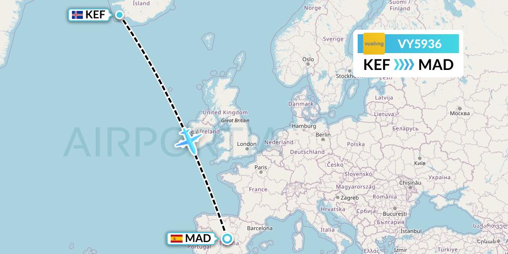 VY5936 Vueling Flight Map: Reykjavik to Madrid
