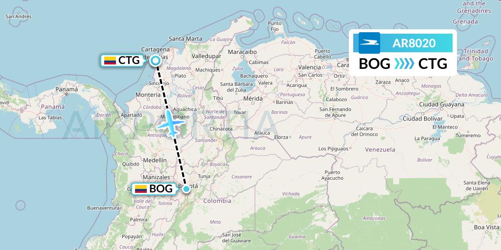 AR8020 Aerolineas Argentinas Flight Map: Bogota to Cartagena