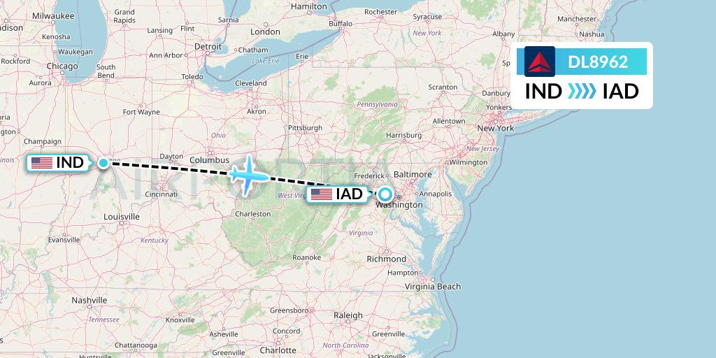 DL8962 Delta Air Lines Flight Map: Indianapolis to Washington