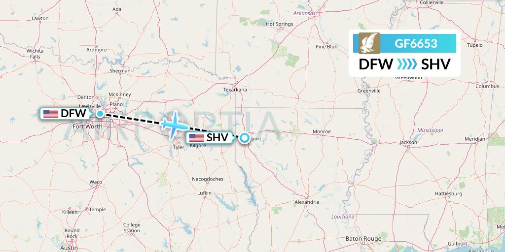 GF6653 Gulf Air Flight Map: Dallas to Shreveport