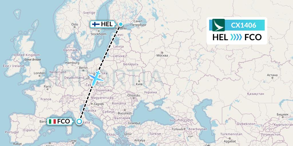 CX1406 Cathay Pacific Flight Map: Helsinki to Rome