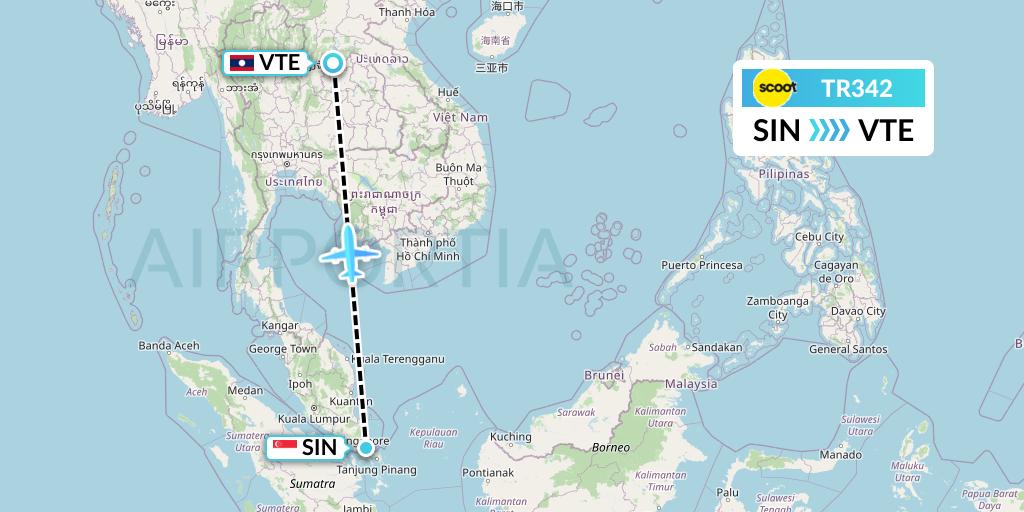 TR342 Tigerair Flight Map: Singapore to Vientiane
