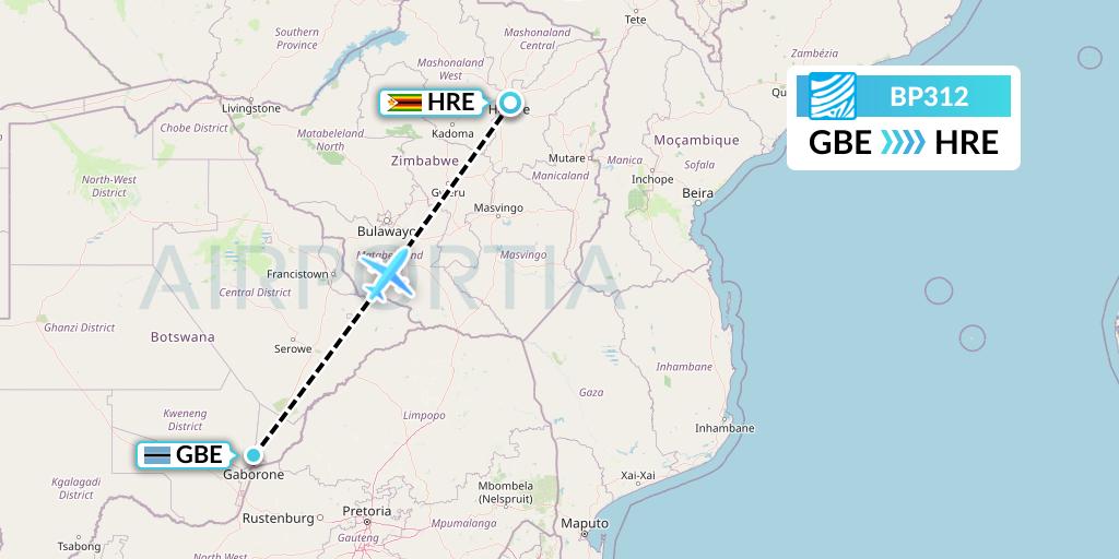 BP312 Air Botswana Flight Map: Gaborone to Harare