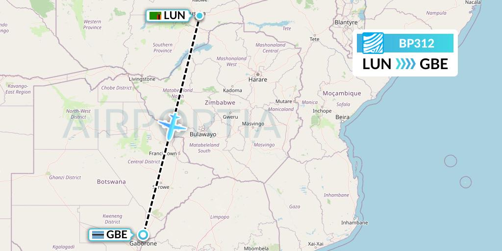 BP312 Air Botswana Flight Map: Lusaka to Gaborone
