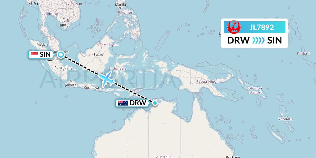JL7892 Japan Airlines Flight Map: Darwin to Singapore