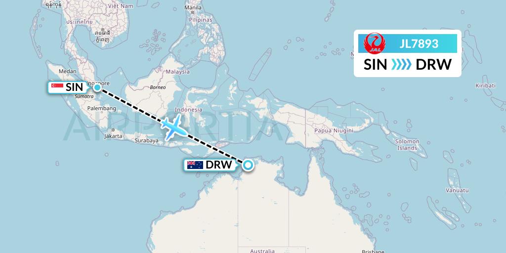 JL7893 Japan Airlines Flight Map: Singapore to Darwin