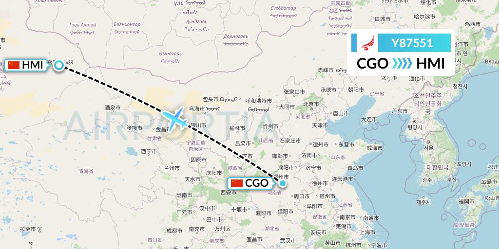 Y87551 Yangtze River Express Flight Map: Zhengzhou to Hami City