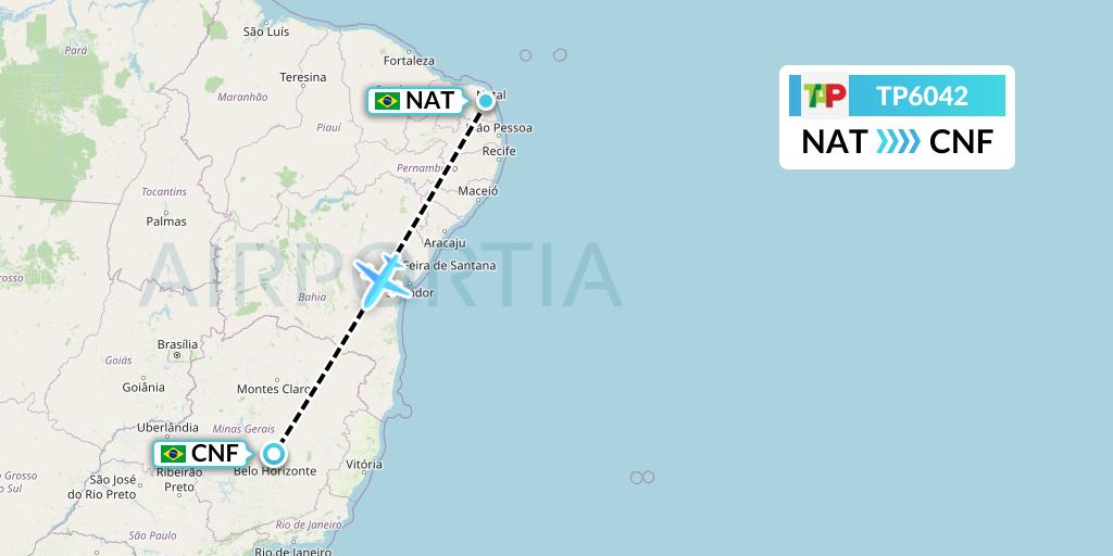 TP6042 TAP Portugal Flight Map: Natal to Belo Horizonte