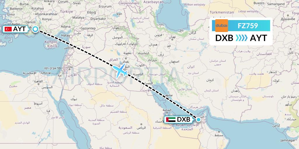 FZ759 FlyDubai Flight Map: Dubai to Antalya