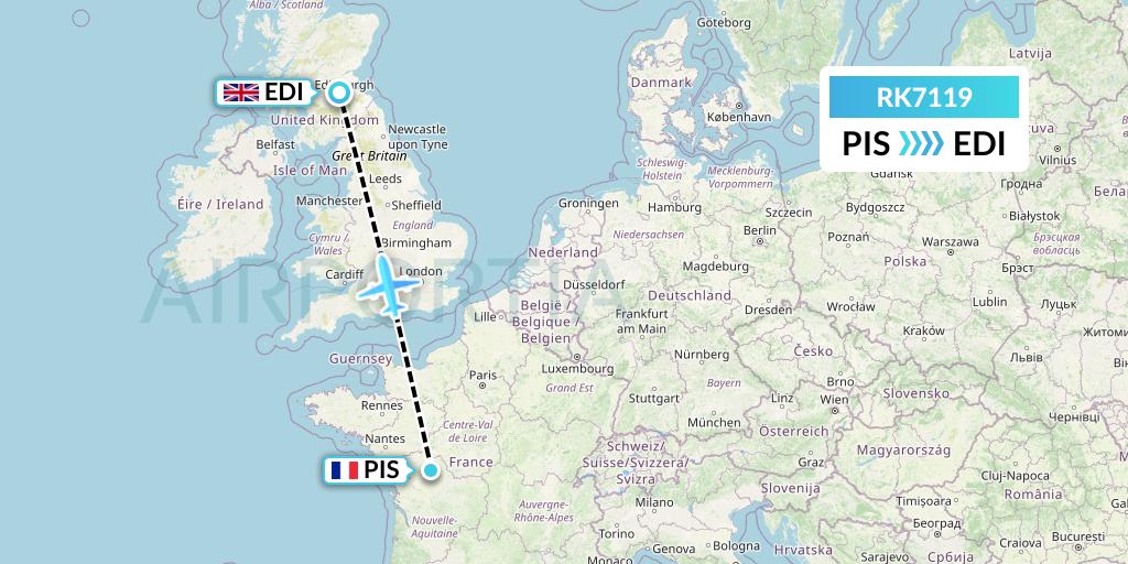 RK7119 Ryanair UK Flight Map: Poitiers to Edinburgh