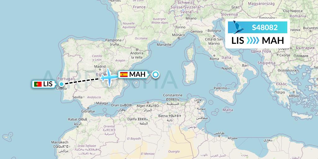 S48082 Azores Airlines Flight Map: Lisbon to Mahon