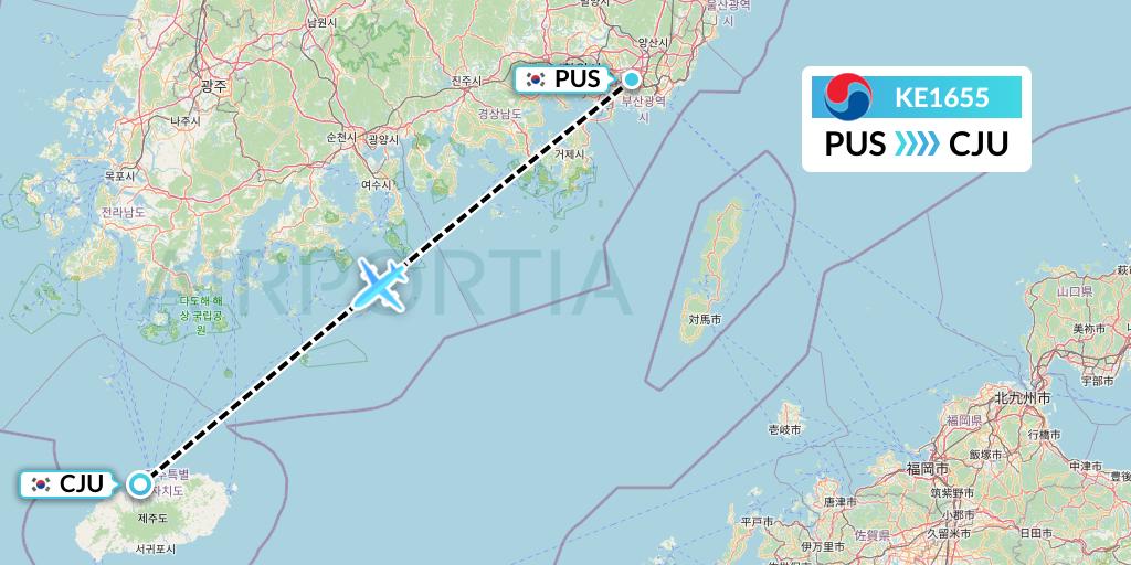 KE1655 Korean Air Flight Map: Busan to Jeju