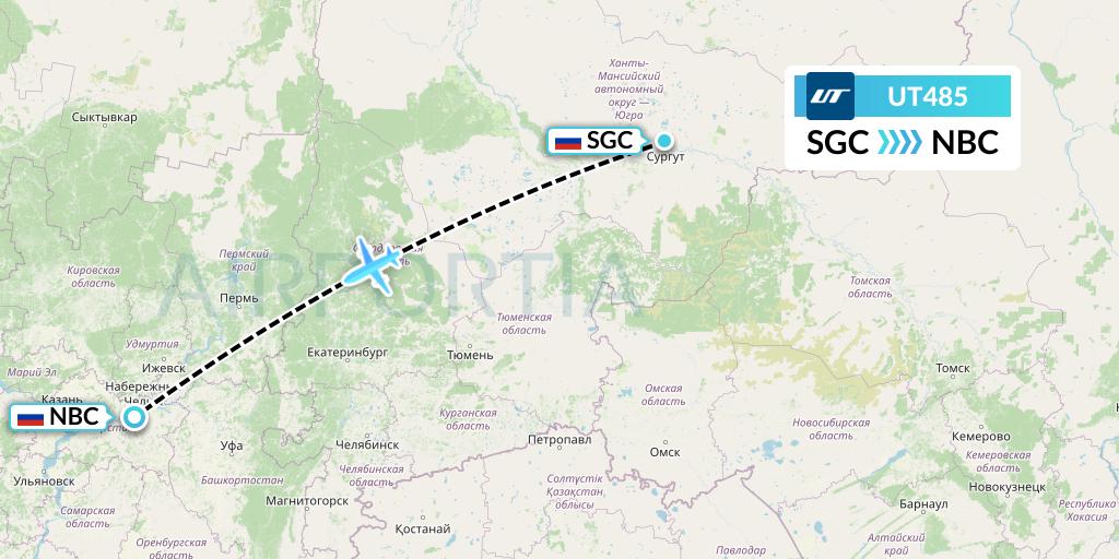 UT485 UTair Flight Map: Surgut to Naberezhnye Chelny
