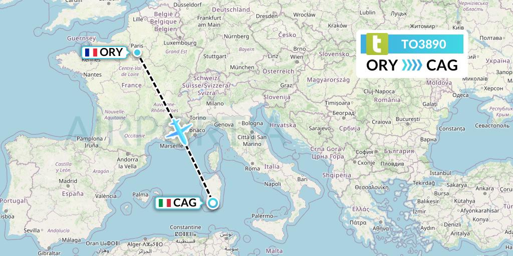 TO3890 Transavia France Flight Map: Paris to Cagliari