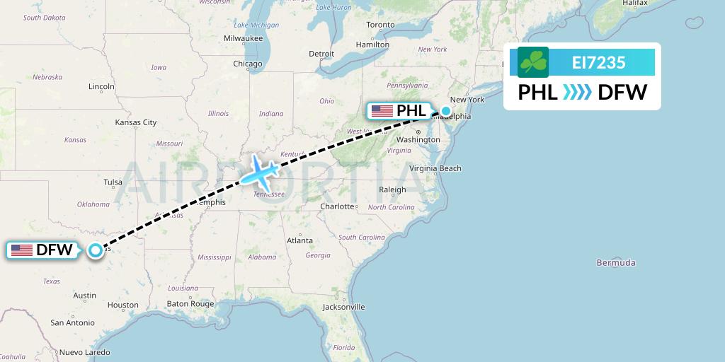 EI7235 Aer Lingus Flight Map: Philadelphia to Dallas