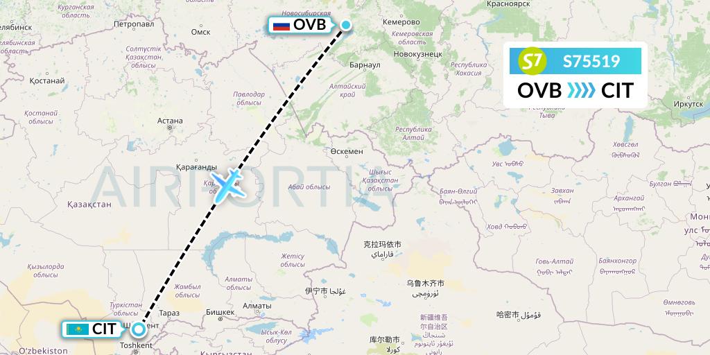 S75519 S7 Airlines Flight Map: Novosibirsk to Shymkent