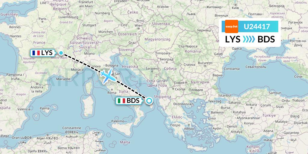 U24417 EasyJet Flight Map: Lyon to Brindisi