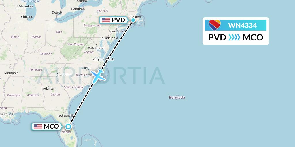 WN4334 Southwest Airlines Flight Map: Providence to Orlando