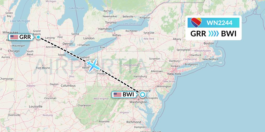 WN2244 Southwest Airlines Flight Map: Grand Rapids to Baltimore