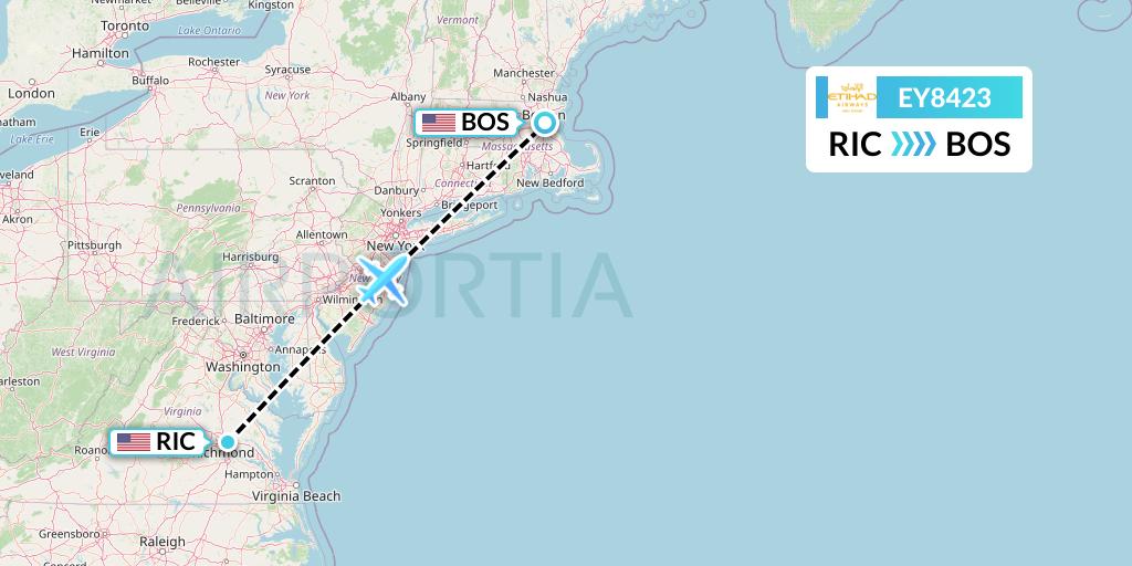 EY8423 Etihad Airways Flight Map: Richmond to Boston