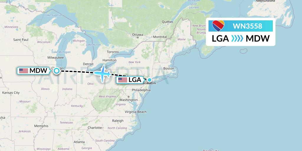 WN3558 Southwest Airlines Flight Map: New York to Chicago