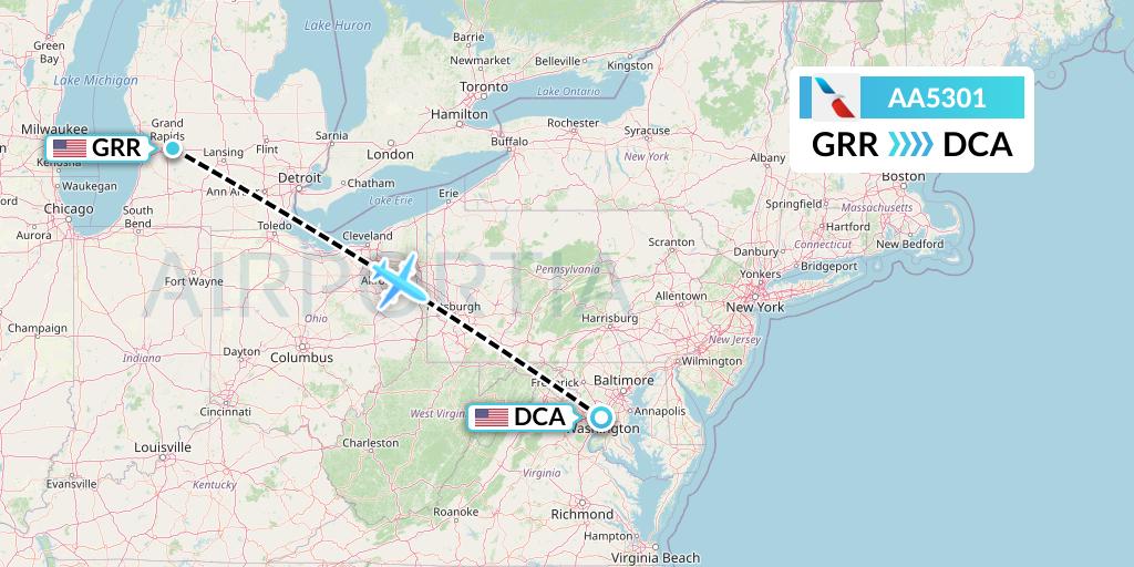 AA5301 American Airlines Flight Map: Grand Rapids to Washington