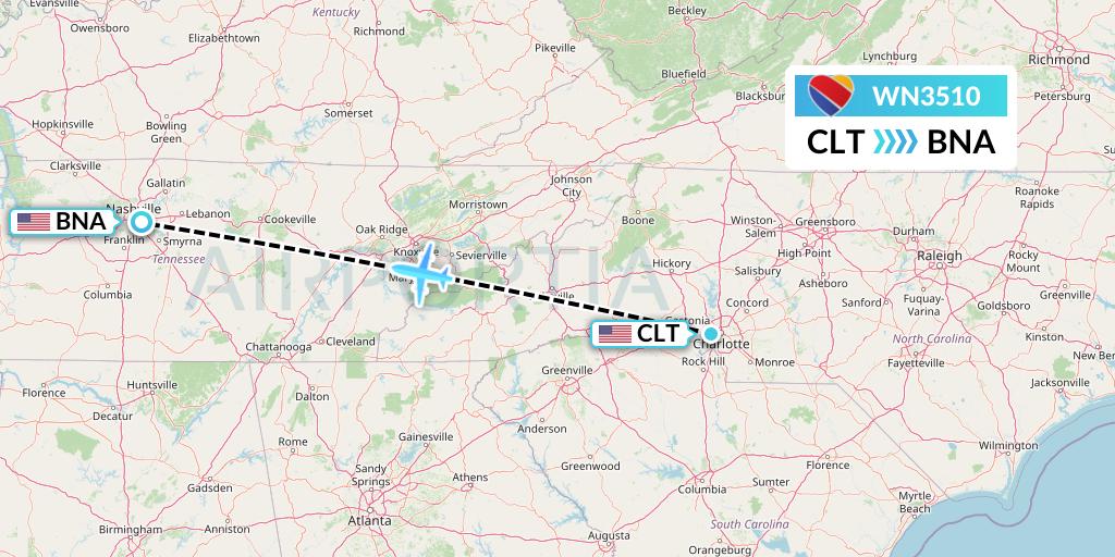 WN3510 Southwest Airlines Flight Map: Charlotte to Nashville