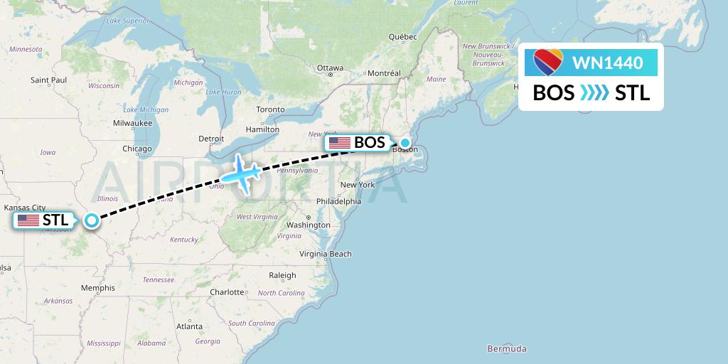 WN1440 Southwest Airlines Flight Map: Boston to St. Louis