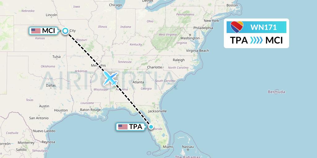 WN171 Southwest Airlines Flight Map: Tampa to Kansas City